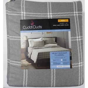 Cuddl Duds Heavyweight Flannel Full Sheet Set Gray Ivory Plaid Brushed Cotton